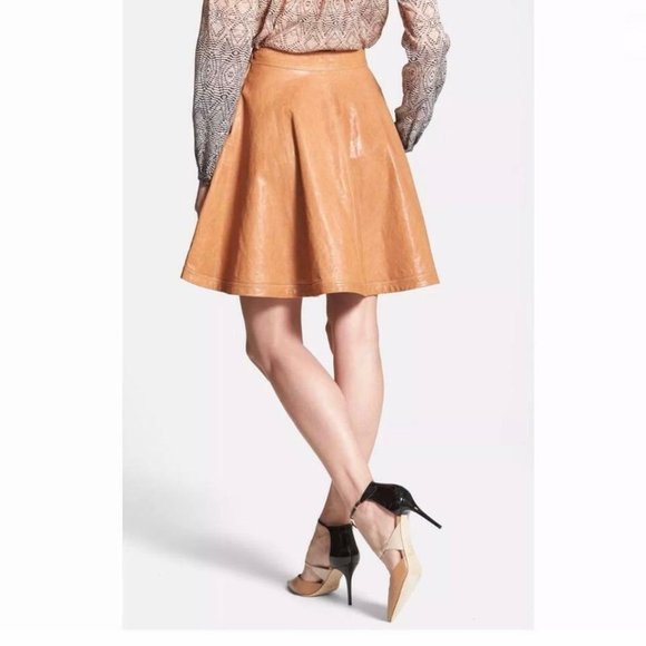 NWT $895 DIANE VON FURSTENBERG RILEY ALINE FLARE CAMEL LEATHER SKIRT US SZ 8 - Picture 3 of 5